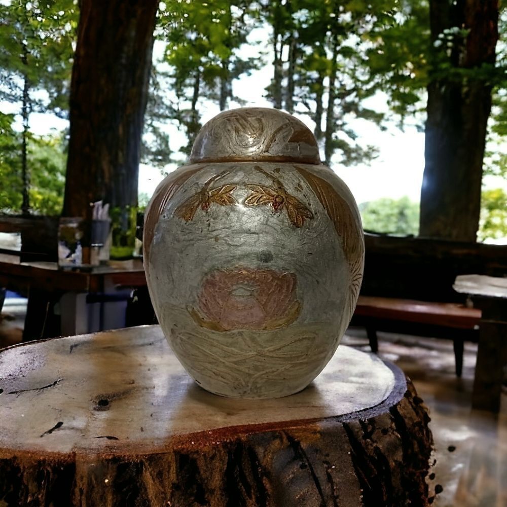 Vintage Brass Ginger Jar Urn Vase Painted Silver Dragonfly Lotus Flowers Patina. - Picture 12 of 16